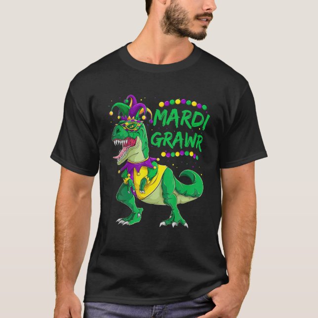 Camiseta Mardi Grawr Dino Jester Outfit, Mardi Gras T Rex K (Frente)