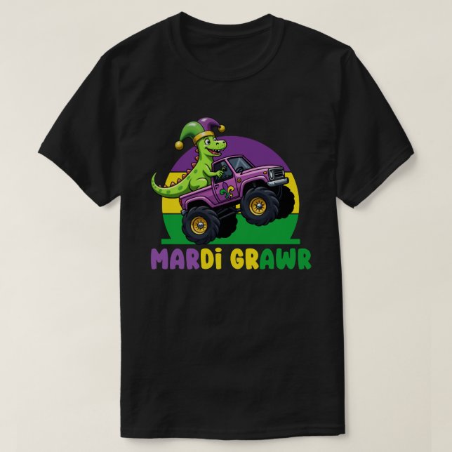Camiseta Mardi Grawr Monster Truck Dinossaur Mardi Gras (Frente do Design)