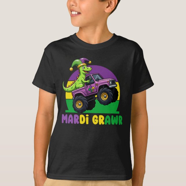 Camiseta Mardi Grawr Monster Truck Dinossaur Mardi Gras (Frente)