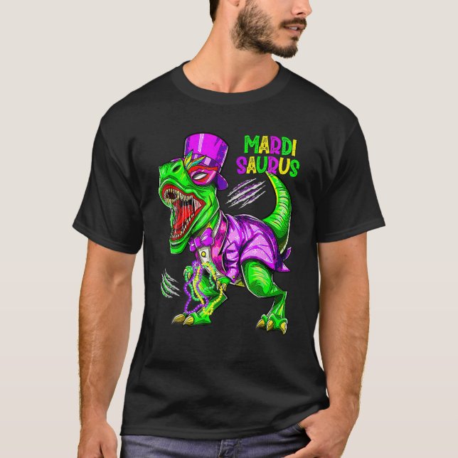 Camiseta Mardi Grawr T Rex Dinosaur Bead Mardi Gras Partido (Frente)