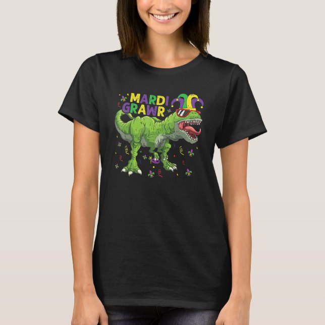 Camiseta Mardi Grawr T Rex Dinossaur Mardi Gras Bead (Frente)