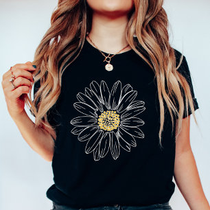 Camiseta Margarida Preta Temperamental; Floral Minimalista