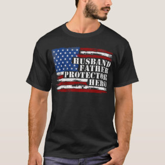 Camiseta Marido Pai Protetor Herói Retro Bandeira EUA