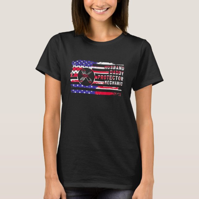 Camiseta Marido Pai Protetor Mecânico Patriótico EUA Ameri (Frente)