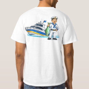 Camiseta Marinheiro de Desenho Animado com Iate e Peixe Art