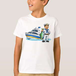 Camiseta Marinheiro de Desenho Animado com Iate e Peixe Art