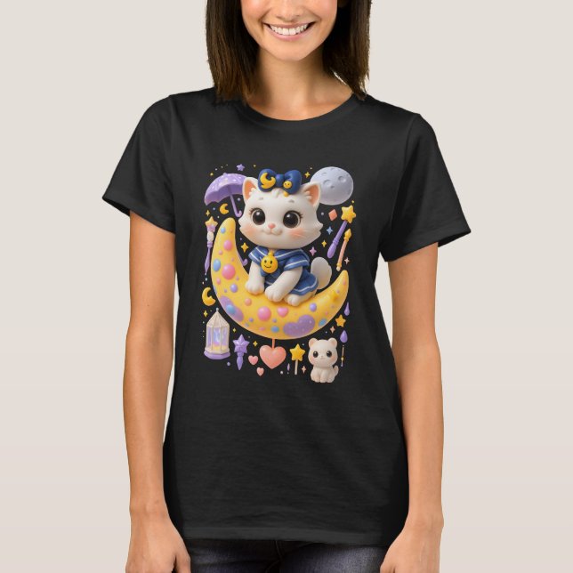 Camiseta Marinheiro Moow White Cat Sentado Na Lua Crescente (Frente)