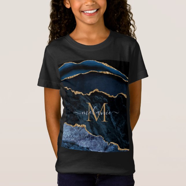 Camiseta Marinho Agate Blue Glitter Monograma Nome T-Shirt (Frente)
