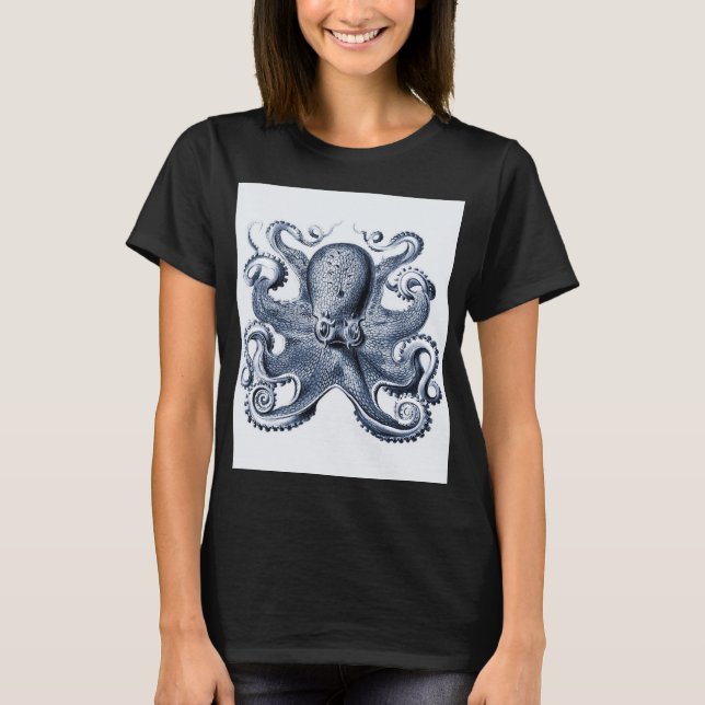 Camiseta Marinho Blue Octopus ilustrado por Ernst Haeckel (Frente)