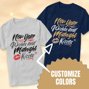 Camiseta marinho de script de beijos de novo ano e meia-noi