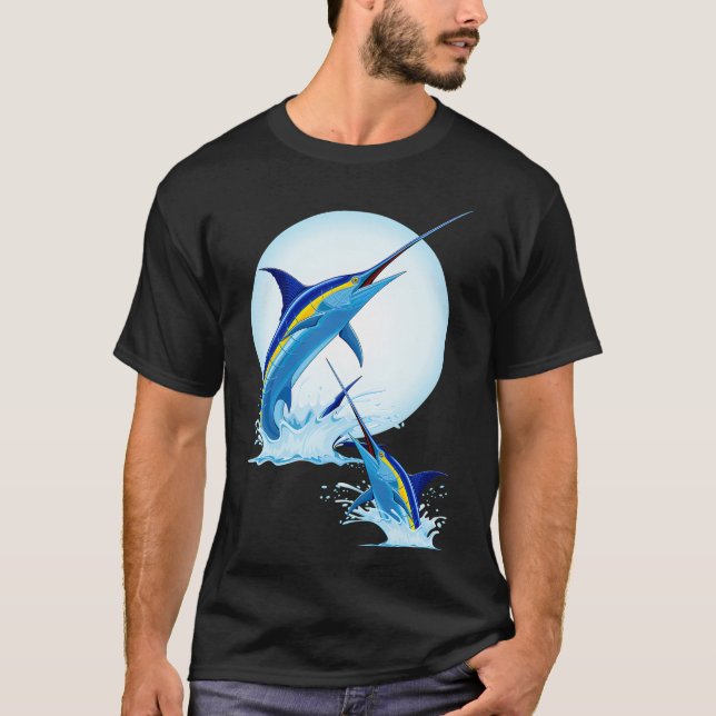 Camiseta Marlin Azul Saltando do Oceano (Frente)