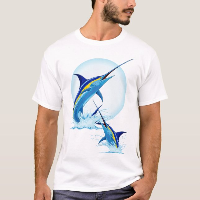 Camiseta Marlin Azul Saltando do Oceano (Frente)
