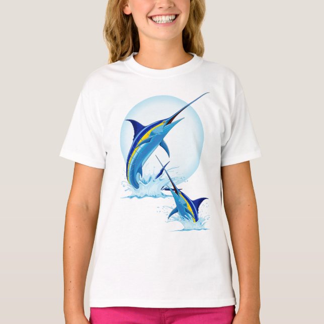 Camiseta Marlin Azul Saltando do Oceano (Frente)