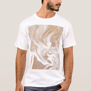 Camiseta Mármore líquido bege, arte da linha de ouro.