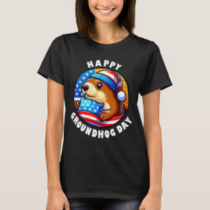 Camiseta Marmot Feliz Dia do Groundhog Listras e Estrelas P