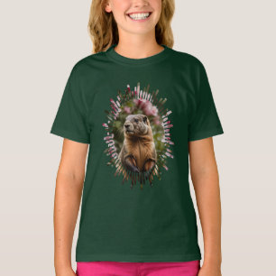Camiseta Marmota Fofa com Fundo de Rododendro Rosa