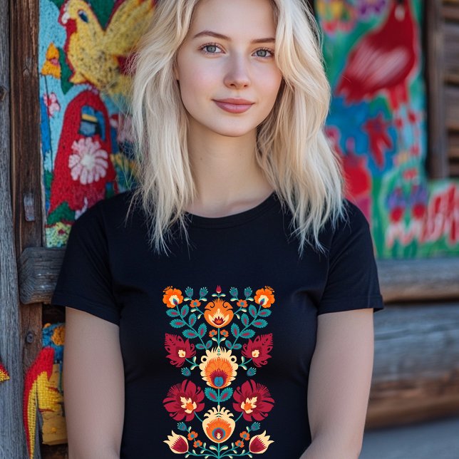 Camiseta Maroon, Teal e Pastel amarelo pastel Wycinanki (Beautiful polish folklore composition)