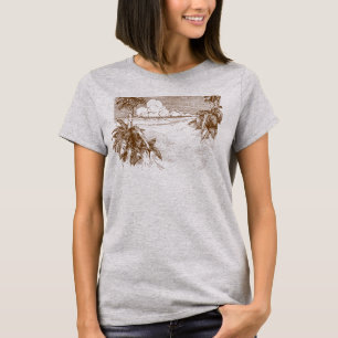 Camiseta Marrom com Gravura Vintage de Praia Tropi