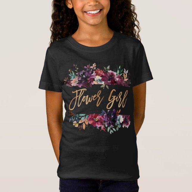 Camiseta Marsala Burgundy Floral Gold Flower Girl (Frente)