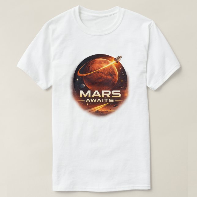 Camiseta Marte Aguarda Exploração Espacial Futurista (Frente do Design)