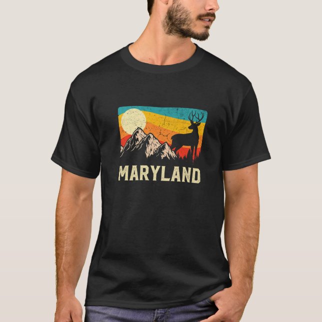 Camiseta Maryland Nature Wild Deer Retro Sunset Hiking (Frente)