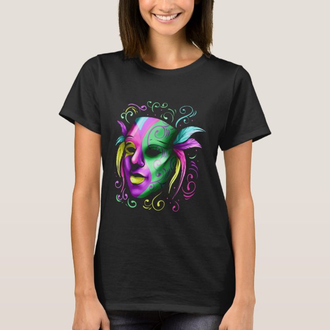 Camiseta Máscara Amarela Roxo E Verde Para Mardi Gras (Frente)