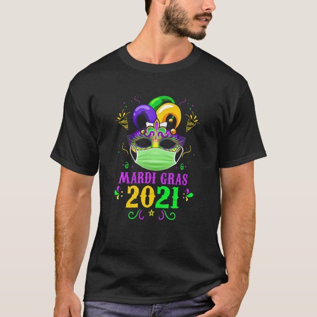 Camiseta Máscara Com Máscara Mardi Gras 2021 Quarantine Fes (Frente)
