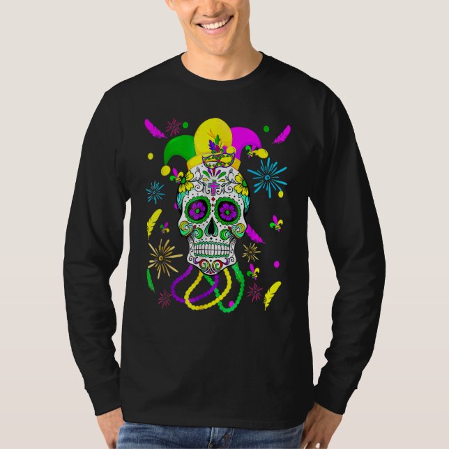 Camiseta Máscara de Carnaval de Crânio de Açúcar Chapéu de  (Frente)
