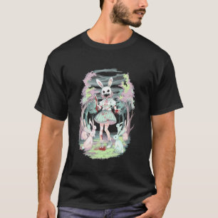 Camiseta Máscara de Coelho Assustador Desenho de Menina de