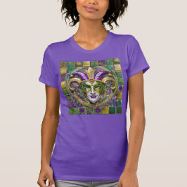 Camiseta Máscara de Jester Mardi Gras Roxo Verde Dourado