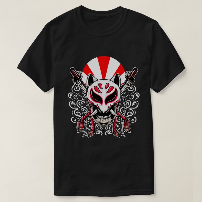 Camiseta Máscara de Kitsune com Katanas Cruzadas (Frente do Design)