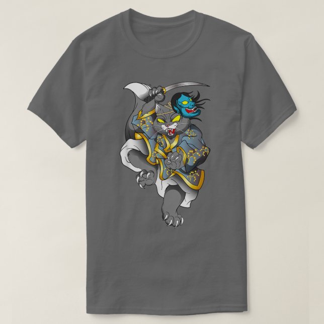 Camiseta Máscara de Ópera Samurai Cat Art Japonês (2) (Frente do Design)