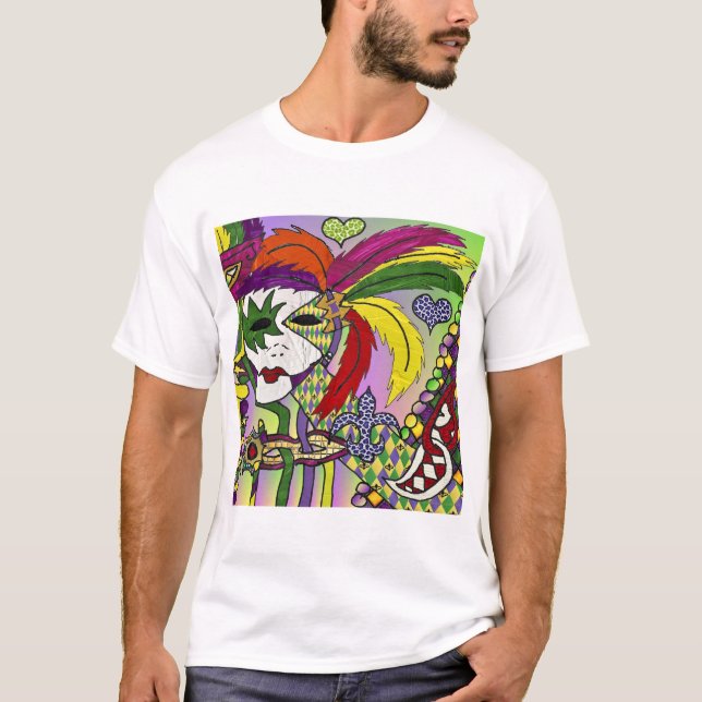 Camiseta Máscara de pena de Mardi Gras Psicodélica (Frente)