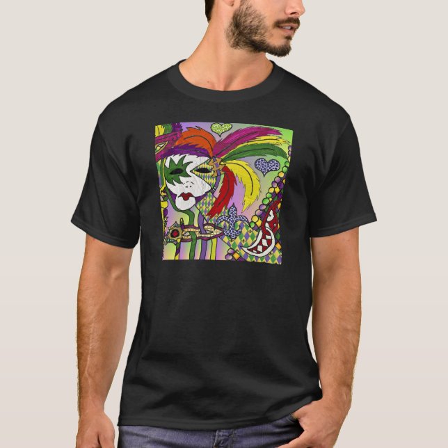 Camiseta Máscara de pena de Mardi Gras Psicodélica (Frente)