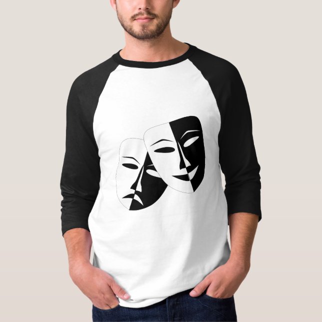 Camiseta Máscara de Teatro Branco e Preto da Comédia Tragéd (Frente)