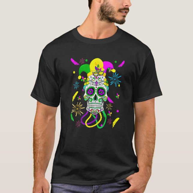 Camiseta Máscara do Carnaval de Açúcar Crânio Jester Hat Ma (Frente)