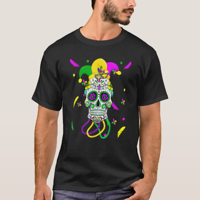 Camiseta Máscara do Carnaval de Açúcar Crânio Jester Hat Ma (Frente)