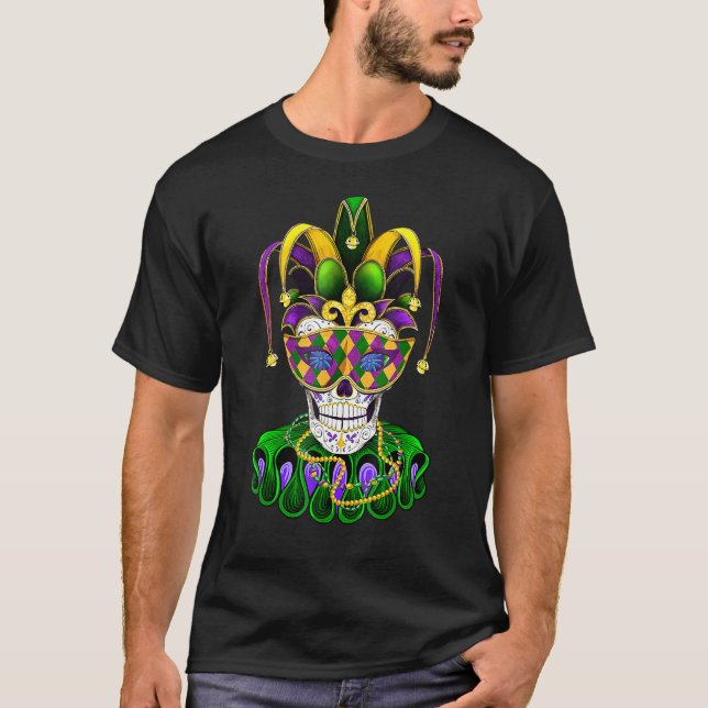 Camiseta Máscara do Carnaval de Açúcar Crânio Jester Hat Ma (Frente)