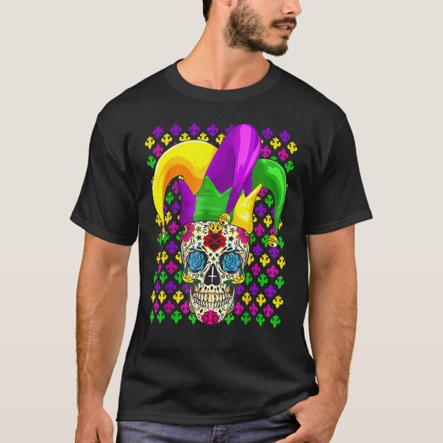 Camiseta Máscara do Carnaval de Açúcar Crânio Jester Hat Ma (Frente)