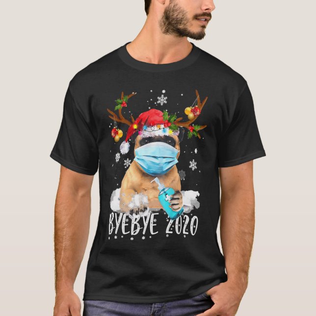 Camiseta Máscara Facial de Renas de Natal de Pug Engraçado  (Frente)