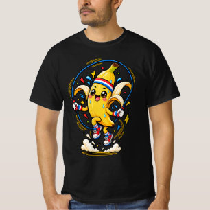 Camiseta Mascote de Banana Feliz Pulando Corda Cartoon Fitn