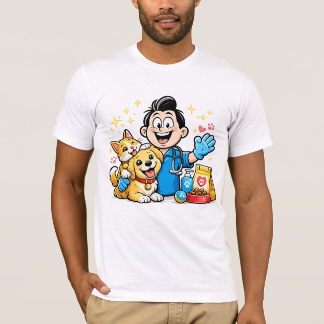 Camiseta Mascote de Cuidados Felizes com Animais Desenho An (Frente)