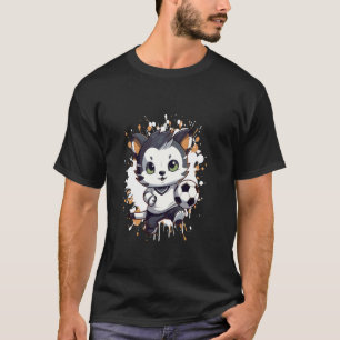 Camiseta Mascote de Desenho de Gato Jogando Futebol