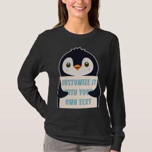 Camiseta Mascote pinguim segurando um sinal para texto pers