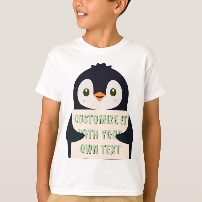 Camiseta Mascote pinguim segurando um sinal para texto pers (Frente)