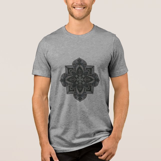 Camiseta masculina com mandala geométrica cinza e  (Frente)