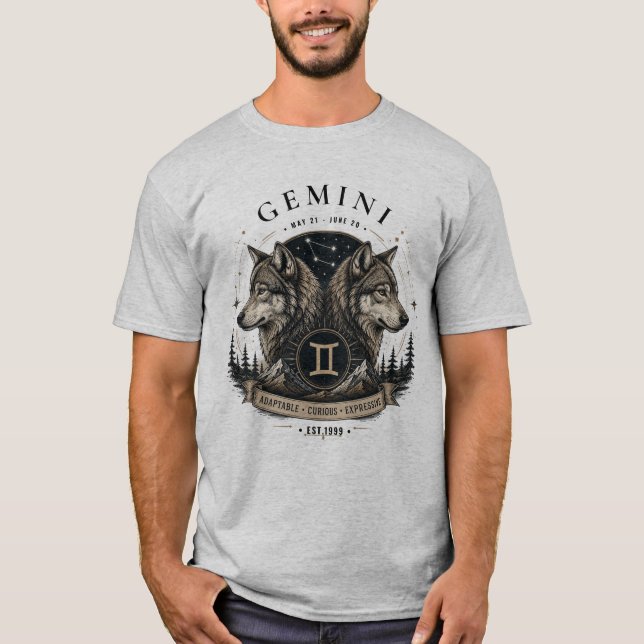Camiseta masculina de Gêmeos Lobo Zodíaco (Frente)