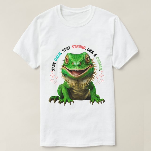 Camiseta masculina: Fique Calma, Fique Forte, Como (Frente do Design)