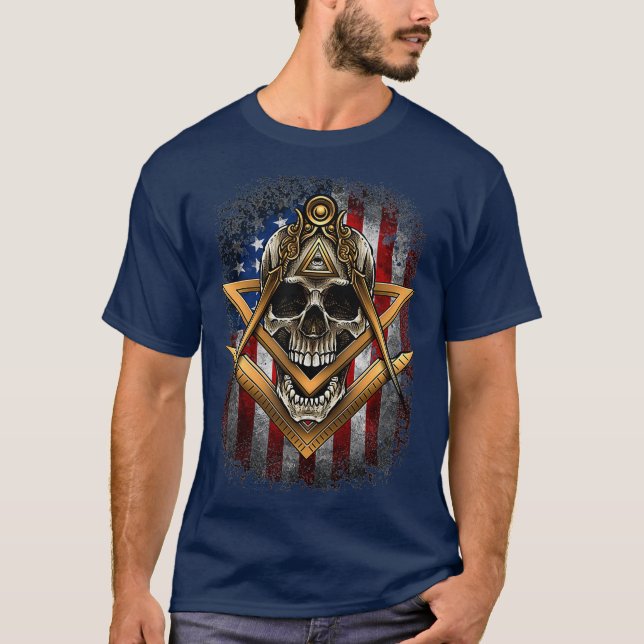 Camiseta Masonic USA American Flag Skull Square Compass (Frente)