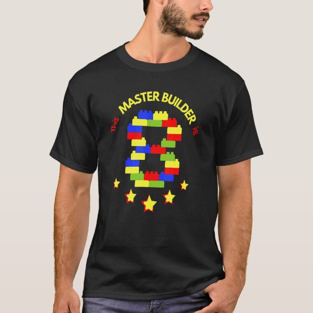 Camiseta Master Builder Cute Block Building 8º aniversário  (Frente)